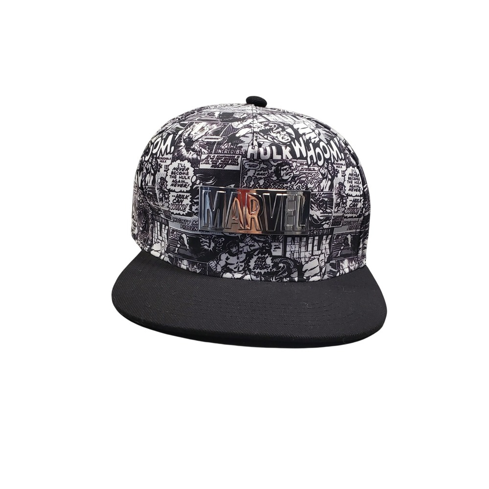 Marvel Comics Incredible Hulk Snapback Hat Black White Comic Print Metal Logo